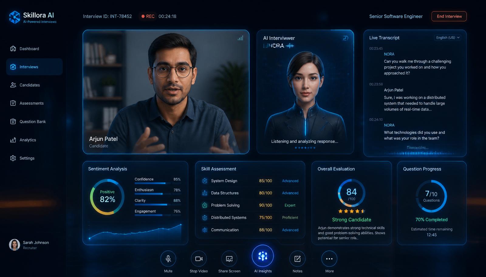 AI-led interview session with live transcript and skill assessment